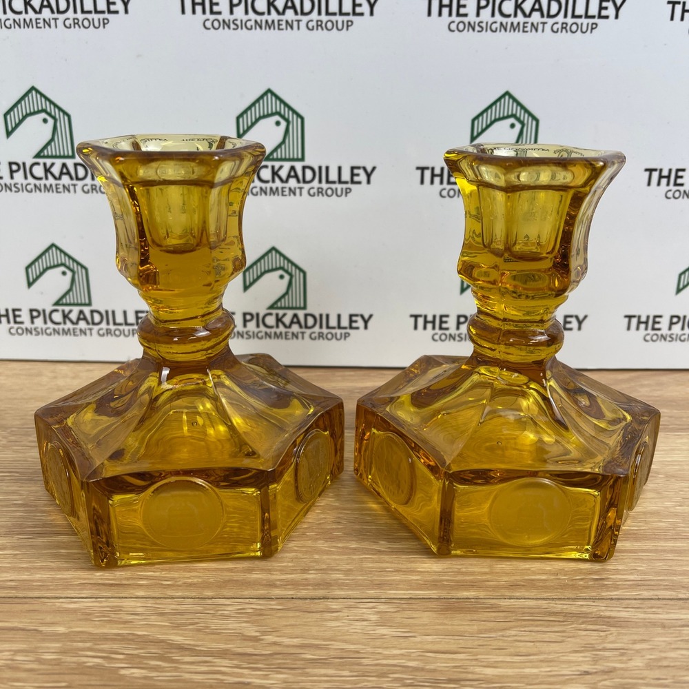 Vintage Amber Glass Hexagon Coin Candlestick Holders Liberty Bell Set of 2 4.5"